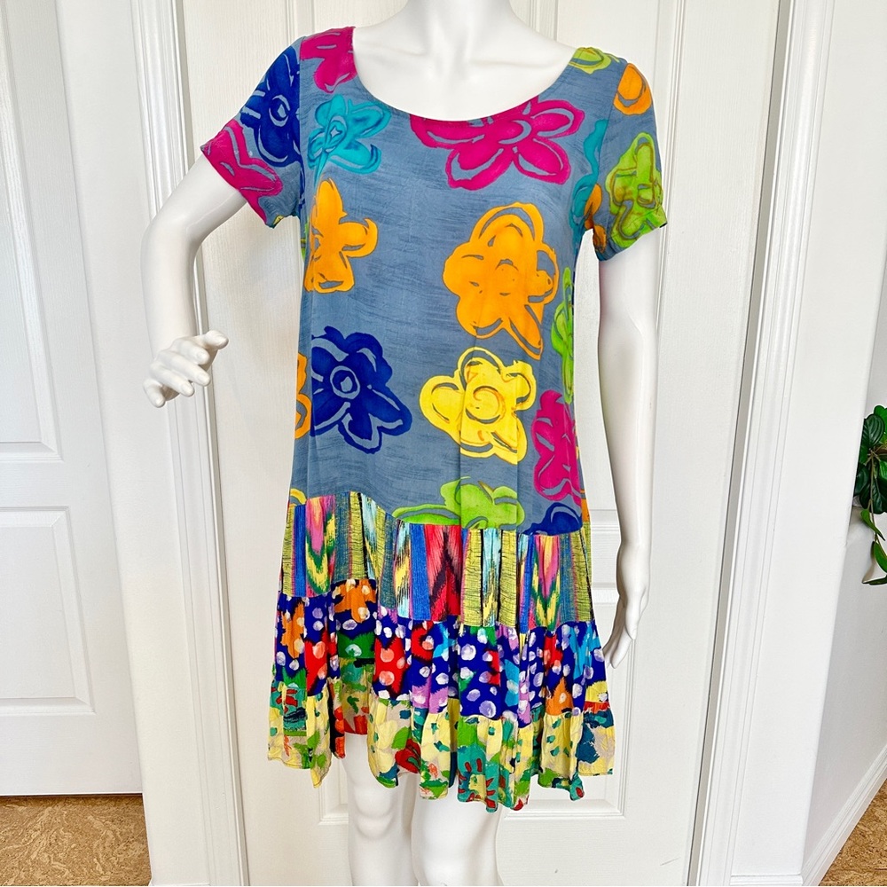 Jams World Vintage Colourful Patterned Mini Babydoll Drop Waist Dress (S)